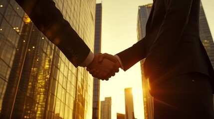 corporate partnership handshake, elegant suit sleeves, business merger moment, clean minimalist style, downtown skyscraper reflection, morning sunlight glow, professional atmosphere, commercial