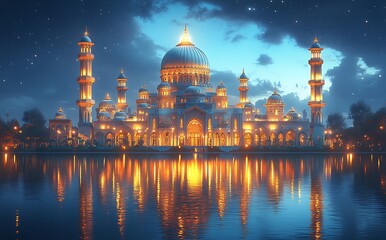 Fototapeta premium Majestic Palace Illuminated at Night Reflected in Calm Waters Surrounded by Starry Sky and Ornate Towers