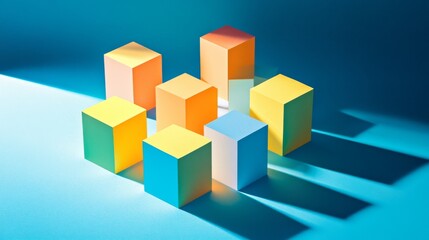 corporate structure illustration, amorphous base shapes, strategic cube placement, vibrant color blocking, organizational visualization, professional studio setup, bright cyan background, conceptual
