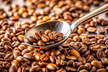 Fototapeta premium Aromatic Coffee Beans Scattered on White Surface with Spoon - Bokeh Background Stock Photo