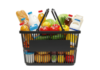 Supermarket shopping basket full of food and groceries, isolated on white background