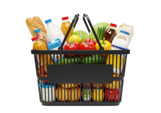 Supermarket shopping basket full of food and groceries, isolated on white background