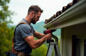 A black man on a ladder installing aluminum gutters on the edge of a house roof. He is dressed in simple work attire, focused on securing the gutter with a power drill