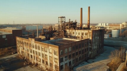 Obraz premium Abandoned factory sunset aerial view industrial landscape