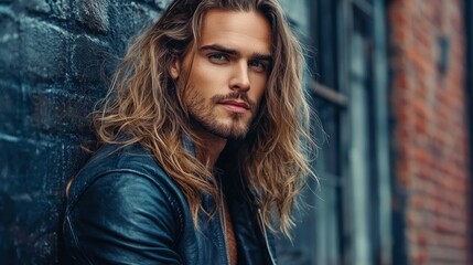 Fototapeta premium A striking man with long, flowing hair and a chiseled jaw stands against a textured brick wall, showcasing a leather jacket. The warm light enhances the raw urban atmosphere