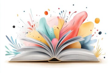A whimsical watercolor depiction of a book opening with colorful illustrations spilling out, representing an introductory journey into knowledge