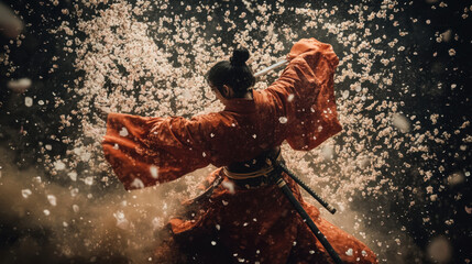 Dynamic Movement of a Samurai in Red Kimono Surrounded by Falling Petals in a Mystical Atmosphere, Capturing the Essence of Japanese Culture and Tradition