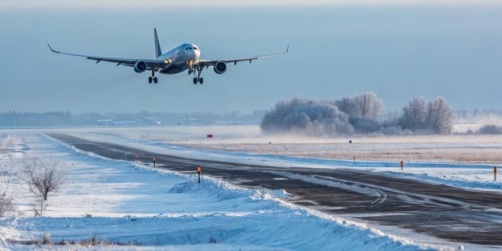 A commercial airliner descends for landing on a snow-covered runway during a cold winter day.