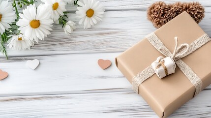 Fototapeta premium Romantic Gift Present with Daisies and Hearts on Rustic White Wooden Background