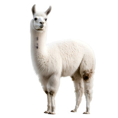 Obraz premium A fluffy white llama with a soft coat of wool, standing on a white background. Transparent background