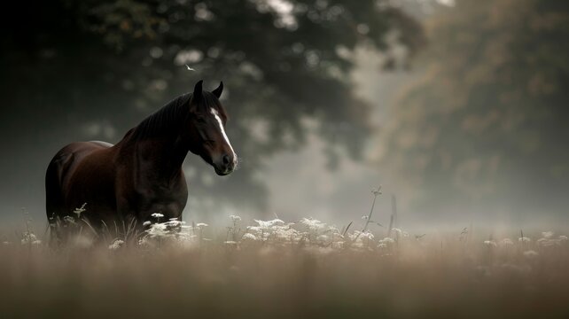 Clydesdale in Pasture: A majestic Clydesdale horse with feathered legs, grazing in a green field filled with wildflowers.