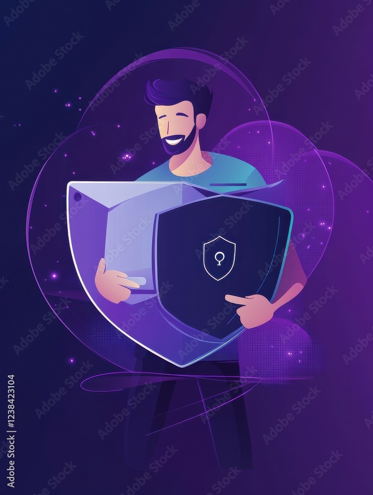 Poster man holding security shield and developer using laptop. data and applications protection, network an