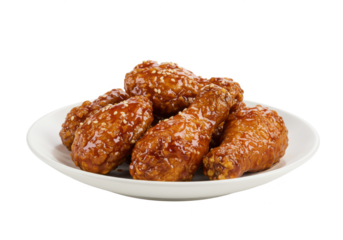 Korean fried chicken with juicy glaze sauce food in a plate isolated on white background, front angled view, no depth of field, sharp