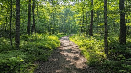 Obraz premium A quiet forest path with sunlight filtering through tall trees, creating a serene and peaceful environment for relaxation and mindfulness practice.