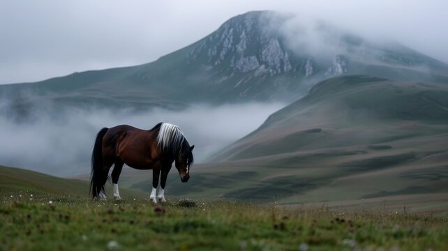 Clydesdale in Pasture: A majestic Clydesdale horse with feathered legs, grazing in a green field filled with wildflowers. - Powered by Adobe