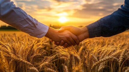 farming partnership agreement, sunset in wheat fields, casual business attire, countryside backdrop, digital device documentation, natural lighting, agricultural consultation, verdant farmland,