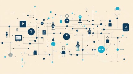 Obraz premium flat design business workflow illustration, interconnected workspace windows, diverse team members, minimalist bot character, floating icons, dotted connection lines, beige background, corporate