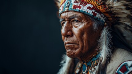 Fototapeta premium An elder, dressed in intricate traditional attire, gazes with deep wisdom and intensity