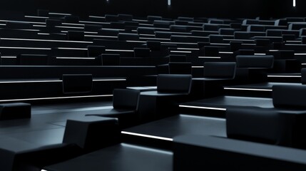 Obraz premium grand lecture hall seating, infinite chair rows perspective, subtle rim lighting, dark atmosphere, geometric patterns, architectural interior, dramatic shadows, premium event space, minimalist black