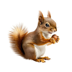 Fototapeta premium A small squirrel with bushy fur, sitting on a white surface holding an acorn. Transparent background