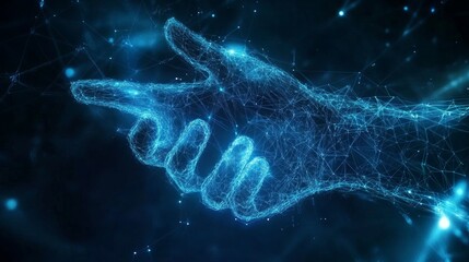 holographic business handshake, low poly wireframe design, electric blue light effect, dark technological backdrop, connected geometric nodes, abstract digital art, professional networking concept,