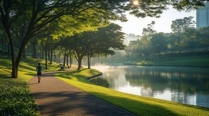 A person jogging in the park during sunrise, surrounded by greenery, showcasing an active and healthy lifestyle in a serene outdoor environment.