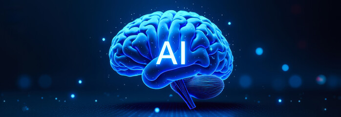blue brain with AI text in futuristic setting, representing artificial intelligence and technology, technology, data science and innovation web internet businesses