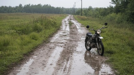 Obraz premium Vintage motorcycle on muddy rural road, rainy day, countryside background; travel stock photo