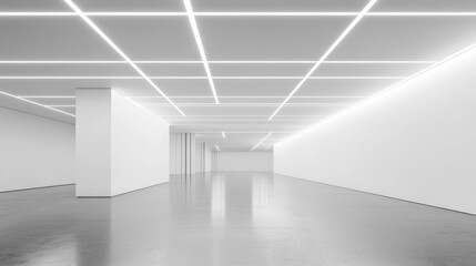 minimalist office interior visualization, stark white walls, suspended grid ceiling, recessed led panel lighting, polished concrete flooring, empty commercial space, architectural lighting design,