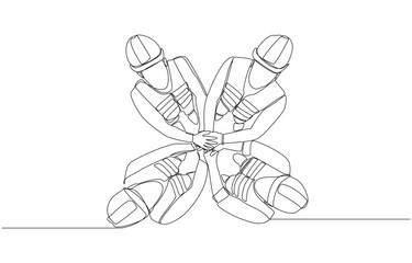 Continuous one line drawing of group of building builders putting hands together, building construction team concept, single line art