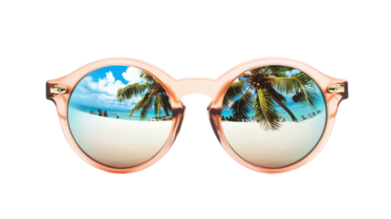 Sunglasses reflecting tropical beach with palm trees and white sand on transparent background