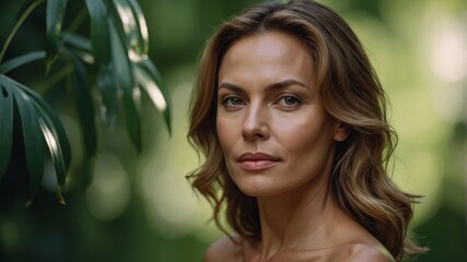 Fototapeta premium Woman with wavy hair stands amidst lush greenery in a serene outdoor setting during daylight hours