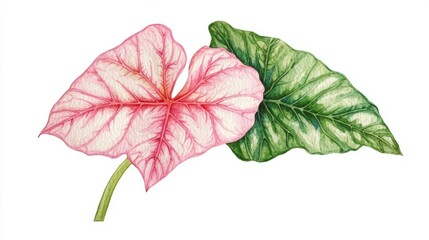 Watercolor Painting Of Pink And Green Caladium Leaves.