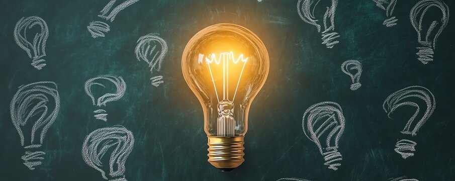 A chalkboard with a radiant lightbulb above the questions who, when, why, how, symbolizing the investigative process and curiositydriven inquiry