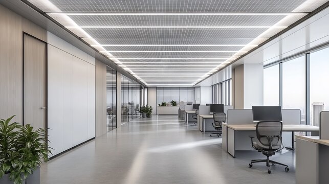 modern empty office room render, fluorescent ceiling grid pattern, pure white wall surfaces, industrial grey floor finish, commercial grade lighting fixtures, symmetrical interior design,