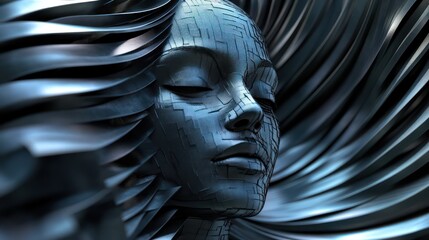 Naklejka premium 3D rendered woman face with geometric abstract waves surrounding her, in dark metallic tones with a shiny, futuristic background.