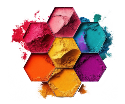 Hexagonal arrangement of vibrant Holi powders
