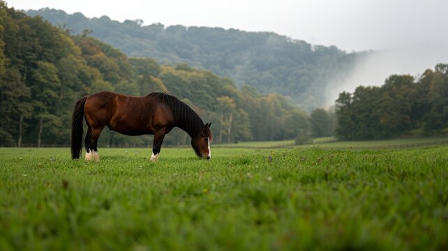 Clydesdale in Pasture: A majestic Clydesdale horse with feathered legs, grazing in a green field filled with wildflowers.