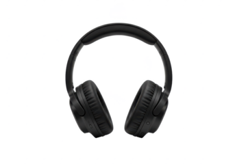 Modern black over-ear headphones with a padded headband and cushioned ear cups, isolated on white background