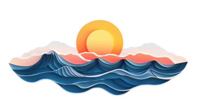 Paper cut waves at sunset with transparent background