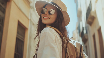 Fototapeta premium Beautiful happy young fashionable woman traveling in City with backpack. Tourists Lifestyle shopping travel concept.