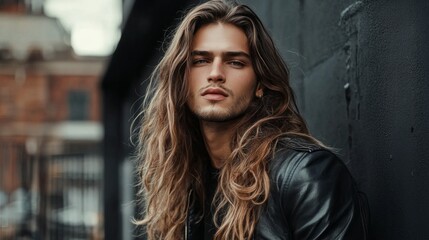 Naklejka premium A stylish young man with flowing long hair leans casually against a textured wall, exuding confidence. The urban backdrop glows softly in the evening light, enhancing his striking appearance