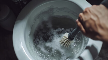 Fototapeta premium Close-Up of a Person Using a Toilet Brush to Clean a Toilet with Bubbles and Water in a Dimly Lit Bathroom Environment