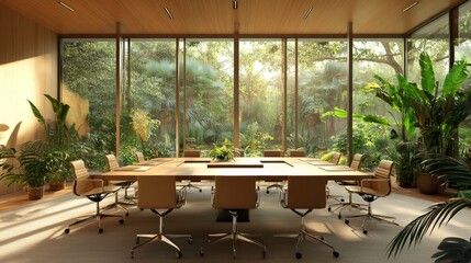 Fototapeta premium premium boardroom environment, contemporary business interior, natural material fusion, floor-to-ceiling glazing, indoor tropical greenery, minimalist furniture design, modern workplace concept,