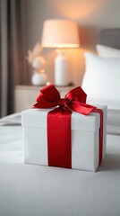Elegant White Gift Box with Red Ribbon in Cozy Bedroom Setting