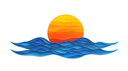 Paper cut waves at sunset with transparent background