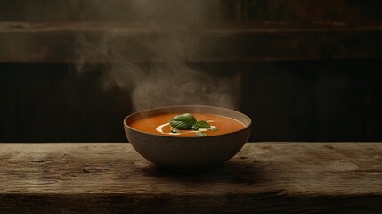  A steaming bowl of soup on a wooden table with a green, leafy garnish