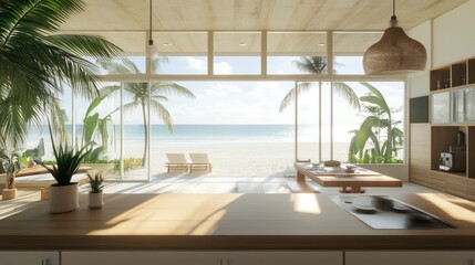 A bright and airy kitchen with minimalist design, wood countertops, potted plants, and large windows showing a beach view.