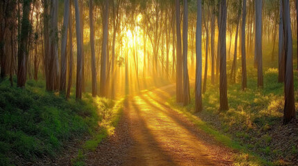 Obraz premium Serene Sunlit Forest Path Surrounded by Tall Trees, the Golden Rays Filtrating Through the Leaves Creating a Magical and Mystical Atmosphere for Nature Lovers