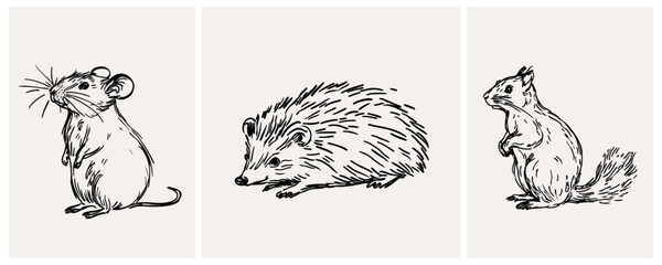 Cute Mouse, Hedgehog and Squirrel
